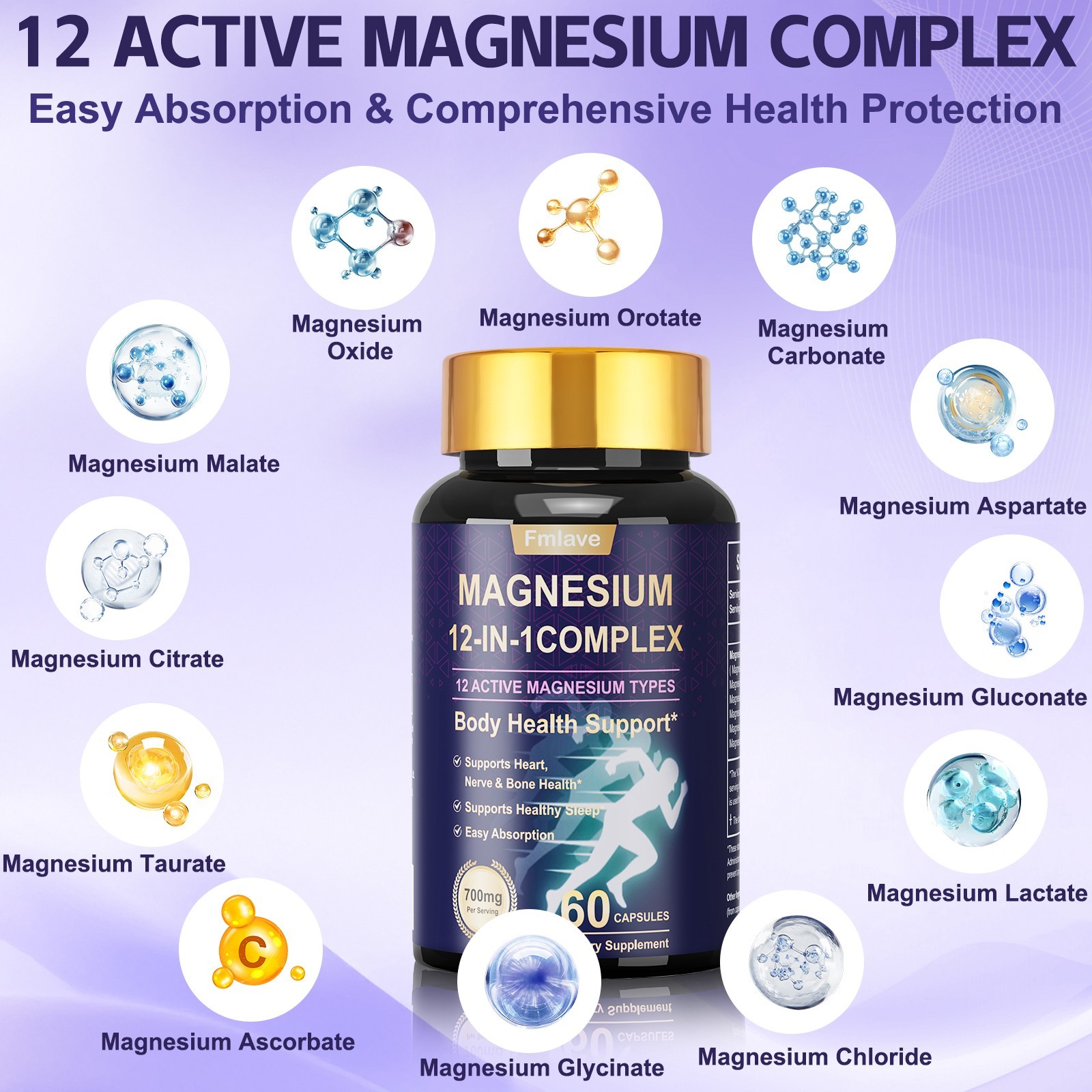 12 in 1 Magnesium Complex Supplement 700mg Glycinate, Malate and Citrate 120 Cap