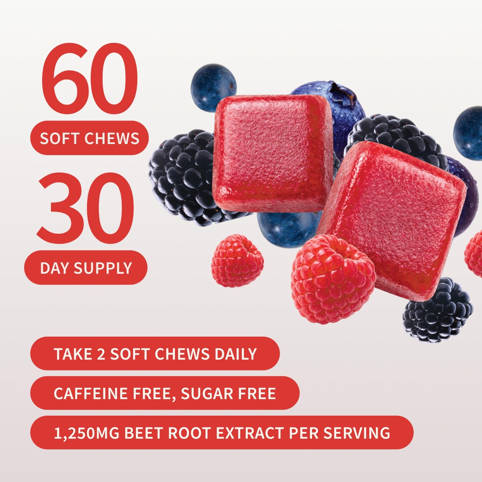 Nitric Oxide Beet Root Chews – 60 Soft Chews, Mixed Berry, 1,250mg, CoQ10, Acai,