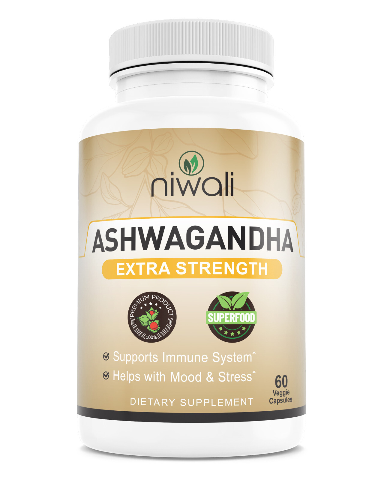 Niwali Ashwagandha Root Stress Relief, Mood, & Energy 1405mg Powder 60 Capsules