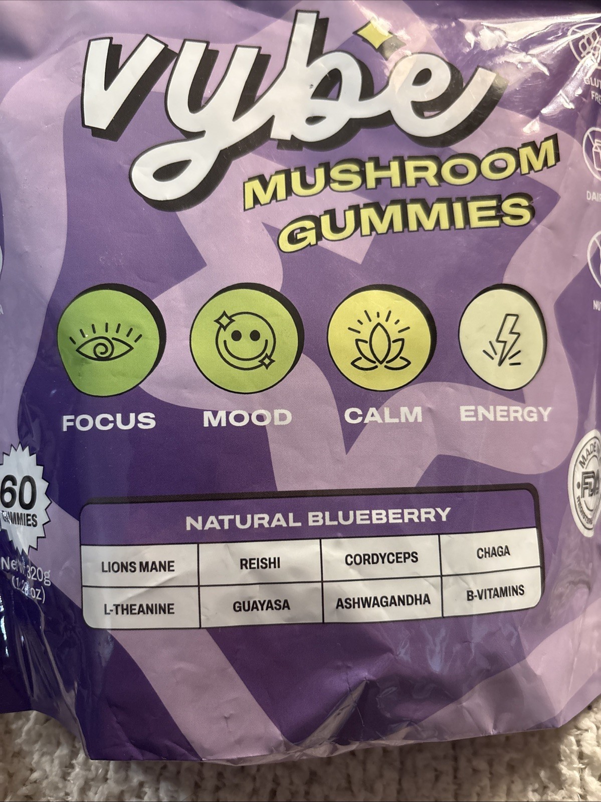 Vybe Mushroom Gummies for Focus, Mood, Calm & Energy 60 Count Blueberry 11/2026