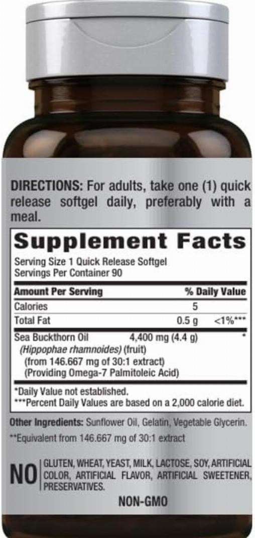 Sea Buckthorn Oil 4400 Mg Omega-7 Superfood Hair Skin & Nails, 90 Softgels