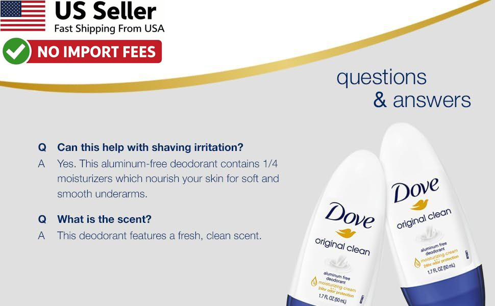 Dove Original Clean Roll On Deodorant 4 Pack Aluminum Free 1.7oz FROM USA