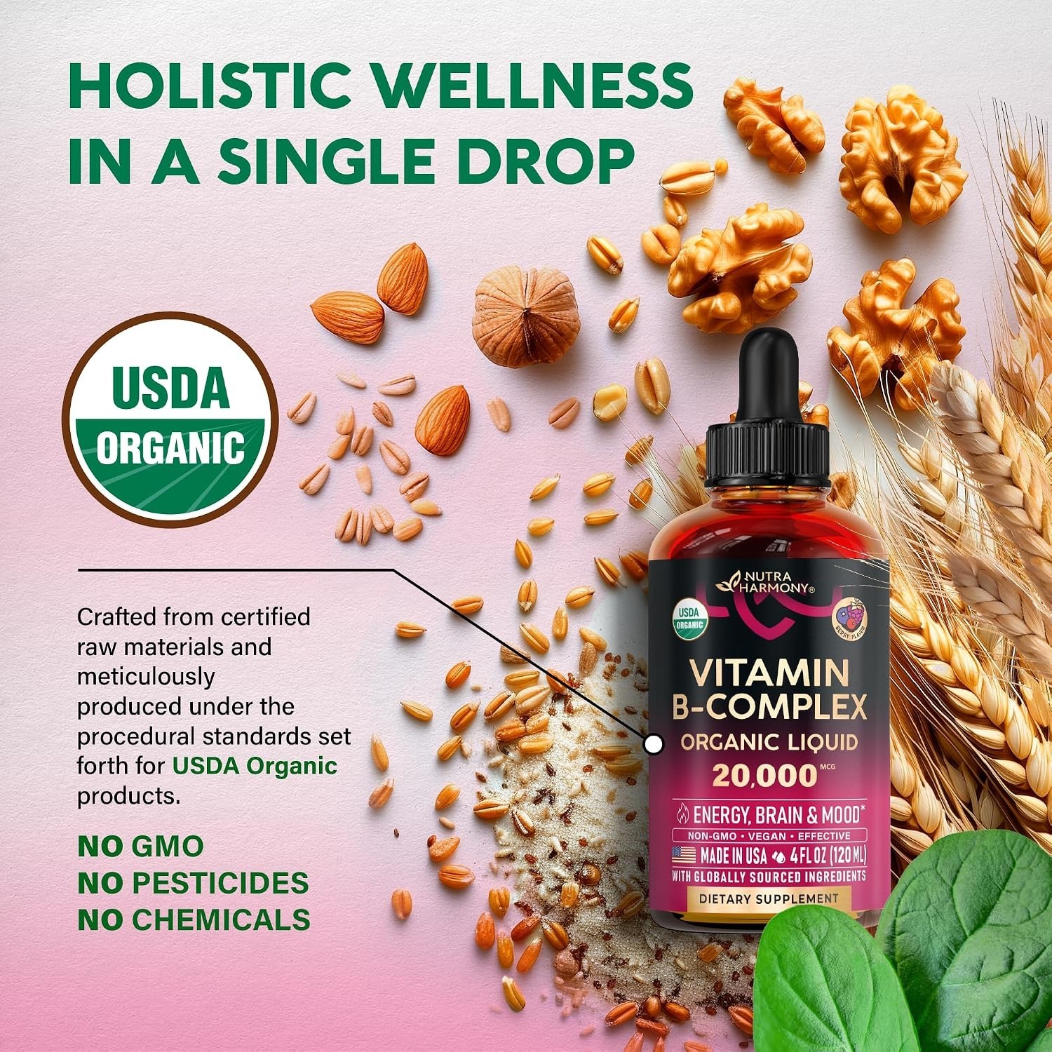 Organic Vitamin B Complex Liquid Drops – B1, B2, B3, B5, B6, B7, B8, B9, B12 4oz