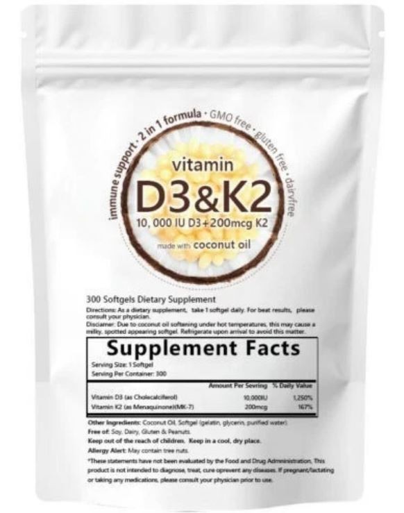 vitamins D3 10000 iu Plus K2 (MK-7) 200 mcg, 300 Virgin Coconut Oil Softgels
