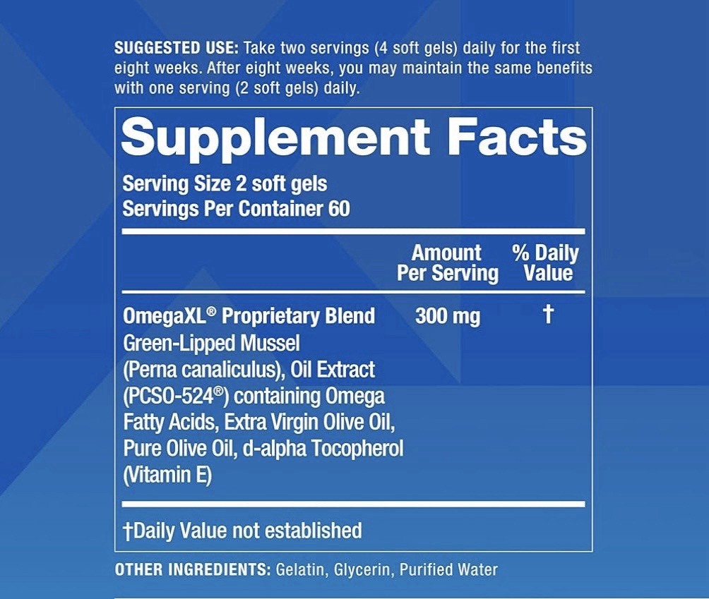 OMEGA XL JOINT & MUSCLE SUPPORT-GREEN LIPPED MUSSEL OIL, DRUG FREE, 60 SOFT GELS