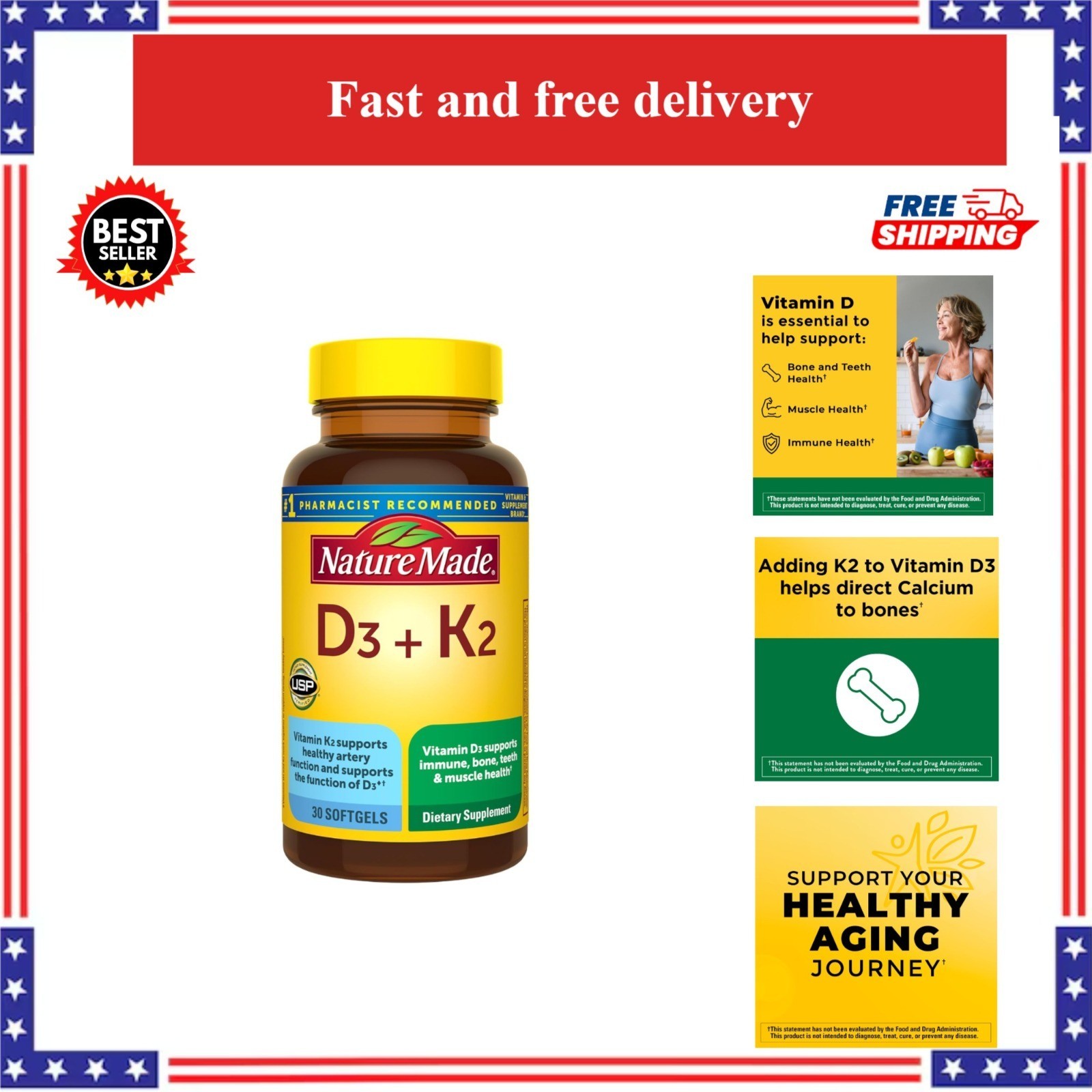 Nature Made Vitamin D3 K2 Supplement 5000 IU 30 Softgels