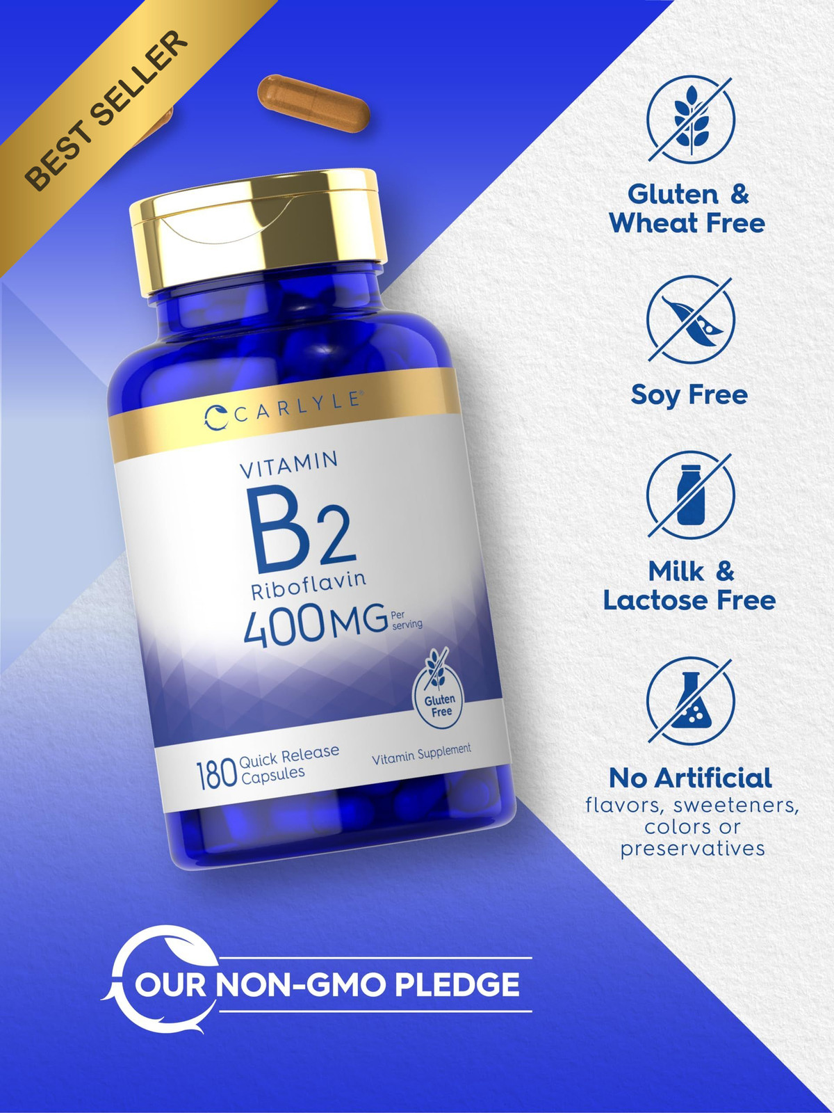 Carlyle Vitamin B-2 400mg 180 Count Non-GMO Gluten Free Riboflavin Supplement