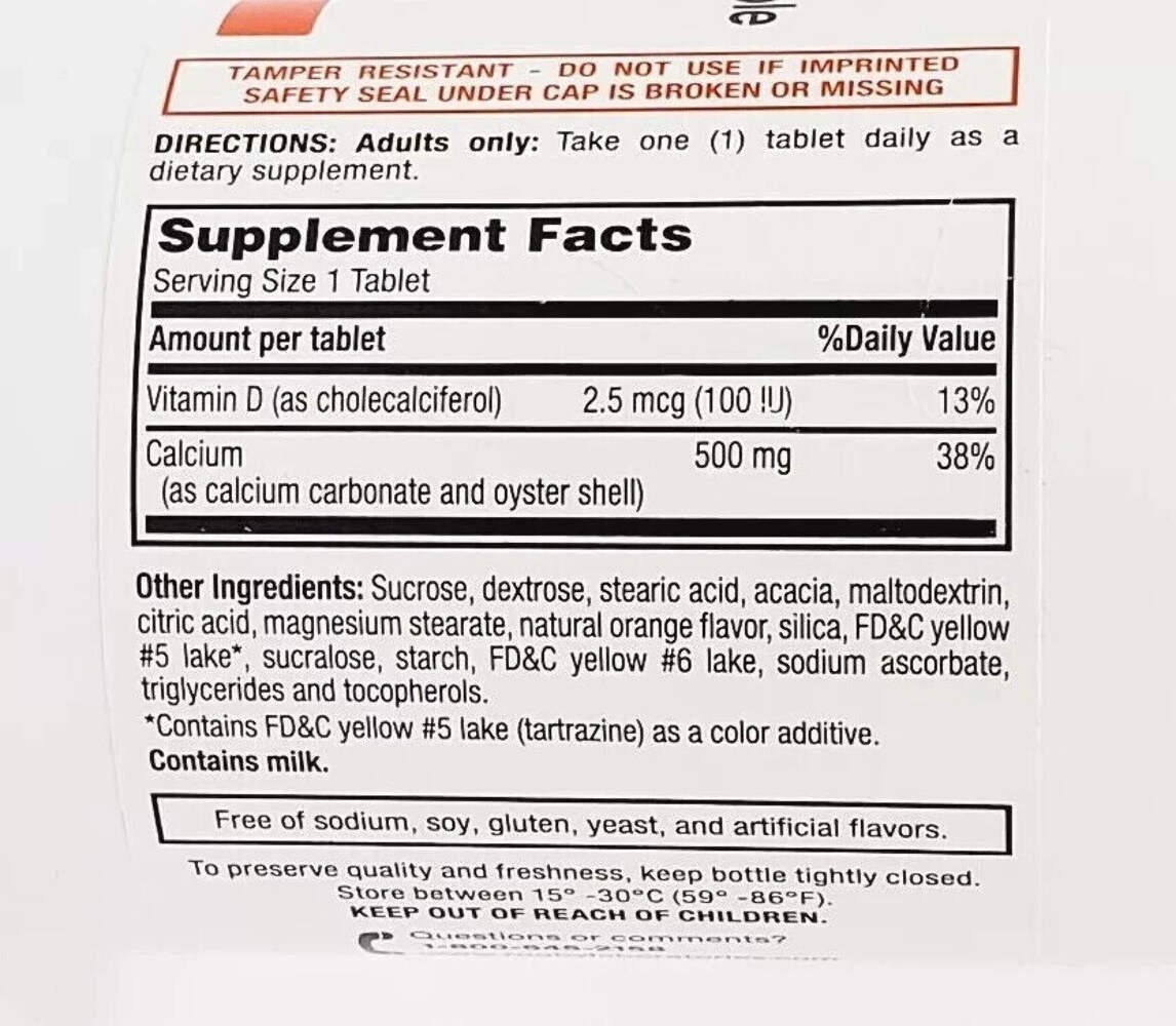 2 X RUGBY Calcium Dietary Supplement Chewable Tablets Orange Flavor 500 mg 60ct