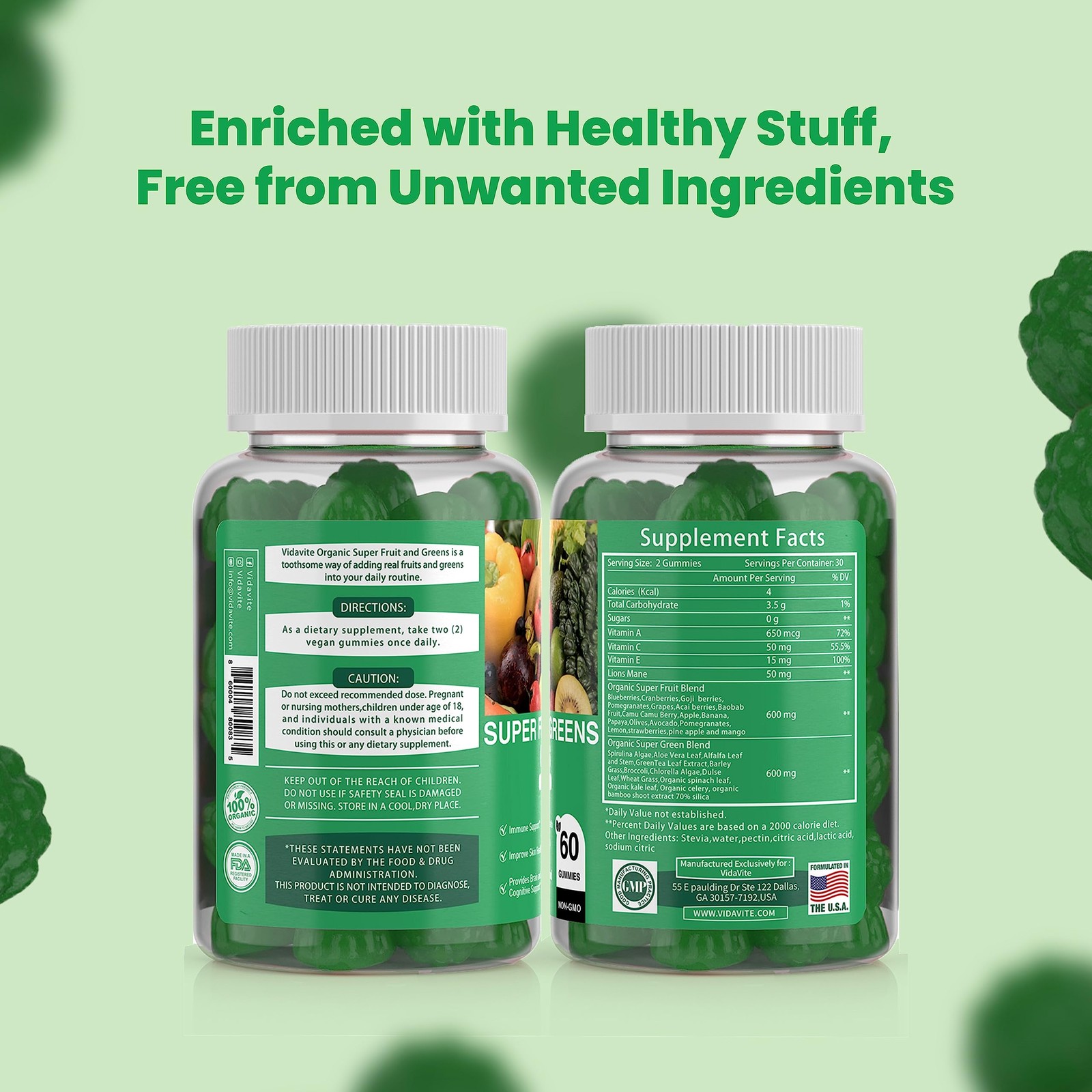 VIDAVITE Sugar-free Super Greens Gummies — 1 Count (Pack of 60), Green