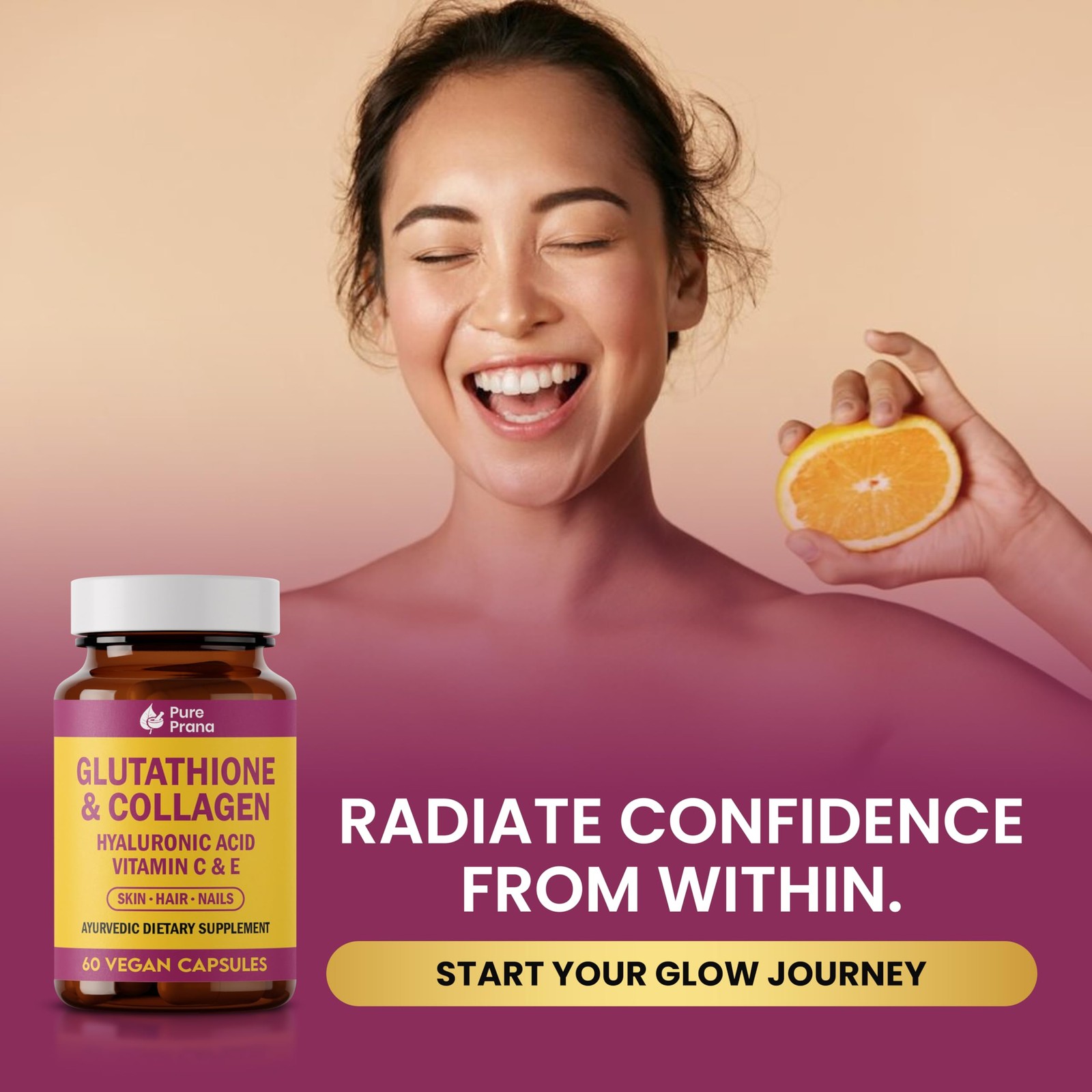 Pure Prana Glutathione & Vegan Collagen 1 Count (Pack of 60), Amber Brown
