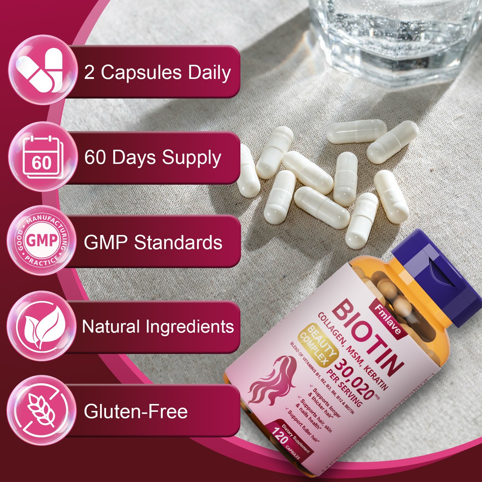 Hair Growth Vitamins for Women Men | Biotin 10,000mcg, Collagen Keratin 120 caps
