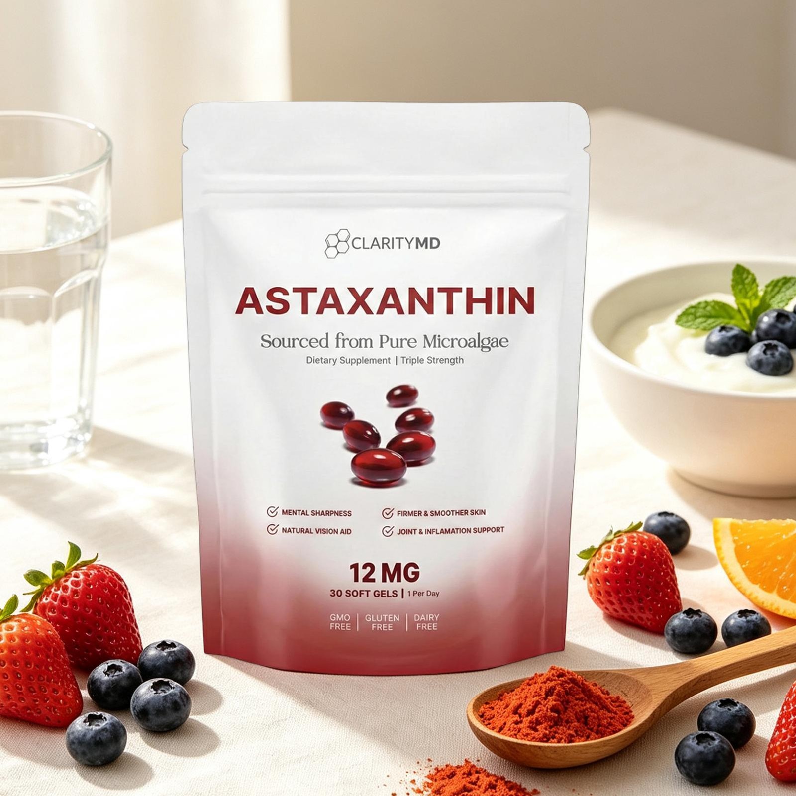 Astaxanthin 12mg Antioxidant Supplement 30 Softgels Natural Microalgae