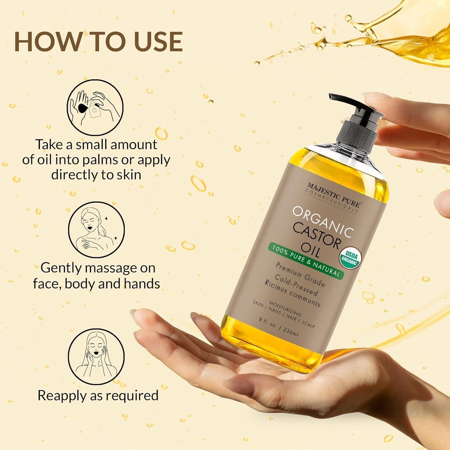USDA Organic Castor Oil – 100% Pure, Cold Pressed, 8 Fl Oz