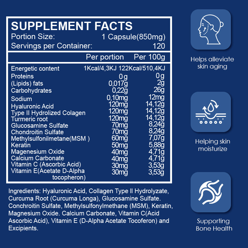 Hyaluronic Acid 850mg 120 Capsules w/ Vitamin C & E for Joint and Skin Health
