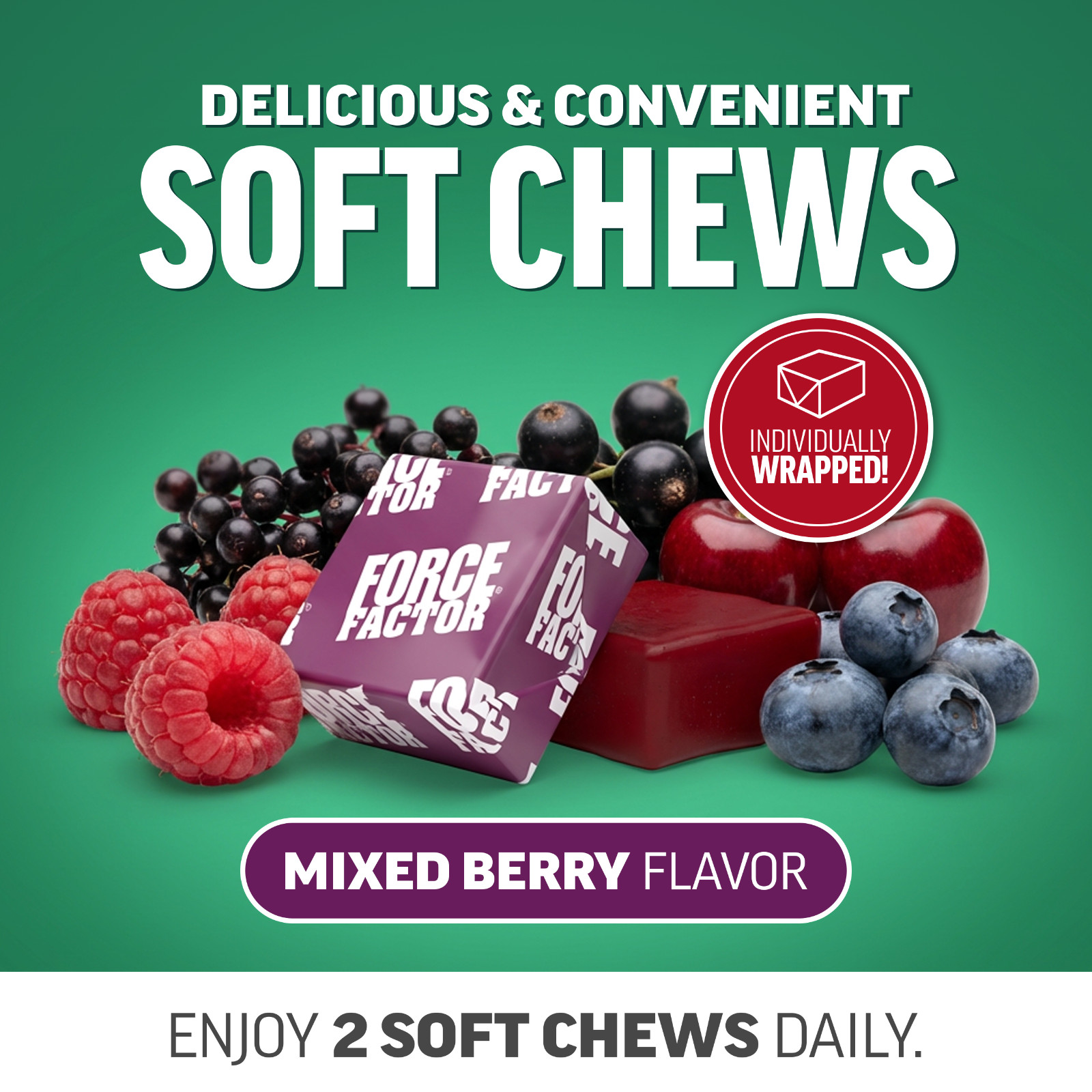 Force Factor Fruits & Veggies Superfood Antioxidants Blood Flow Energy Chews 60