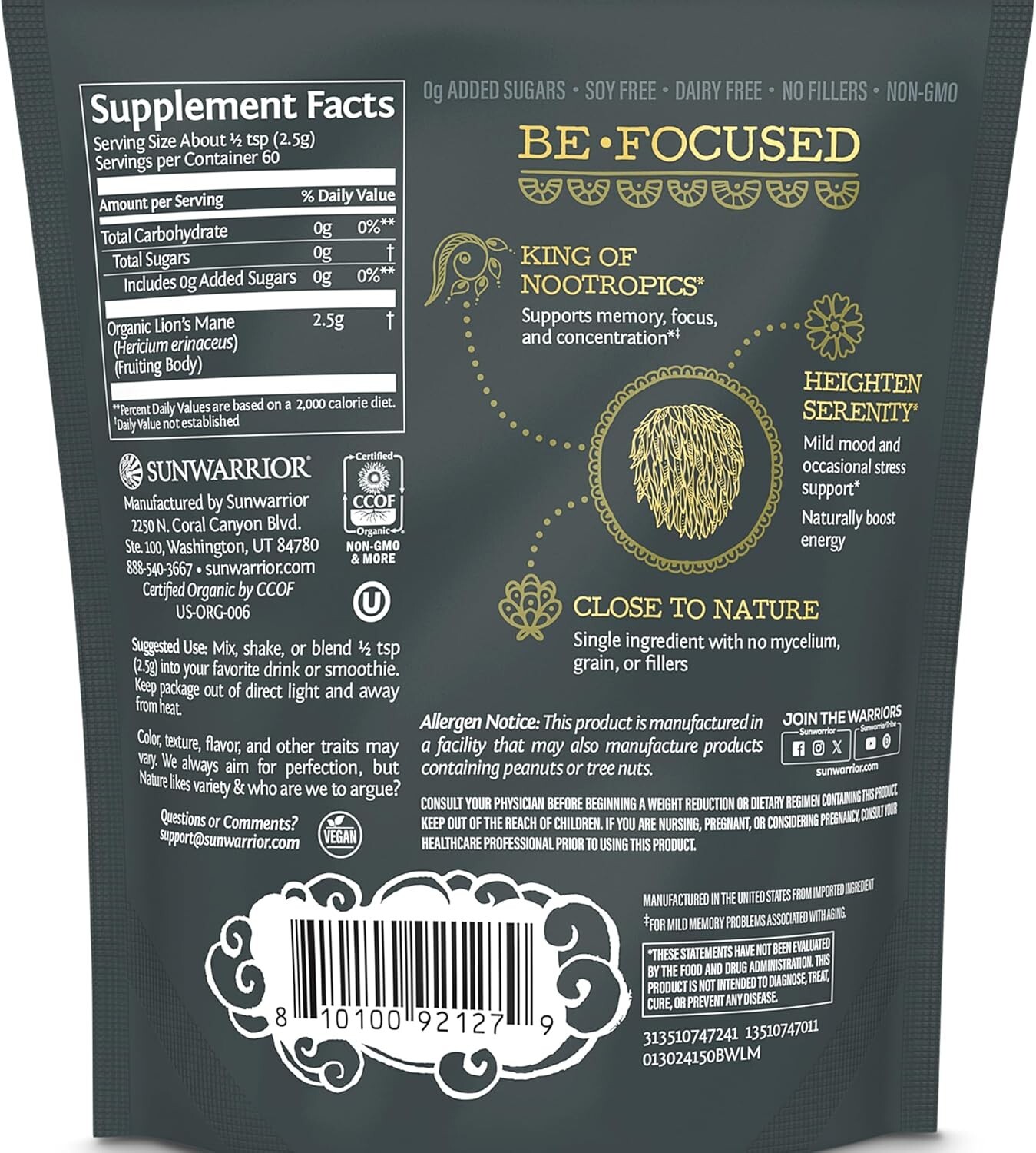 Sunwarrior Lions Mane Supplement Organic Mushroom Powder Lion’s Mane, 5.3 oz