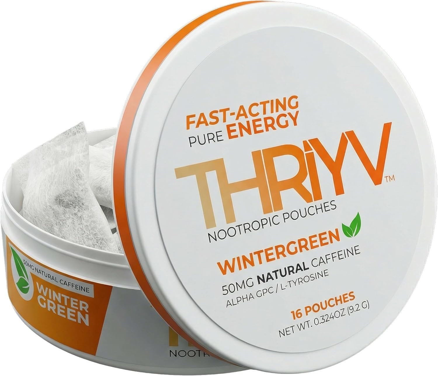 THRIYV Nootropic Energy Pouches, Wintergreen, 50mg Natural Caffeine Per Pouch