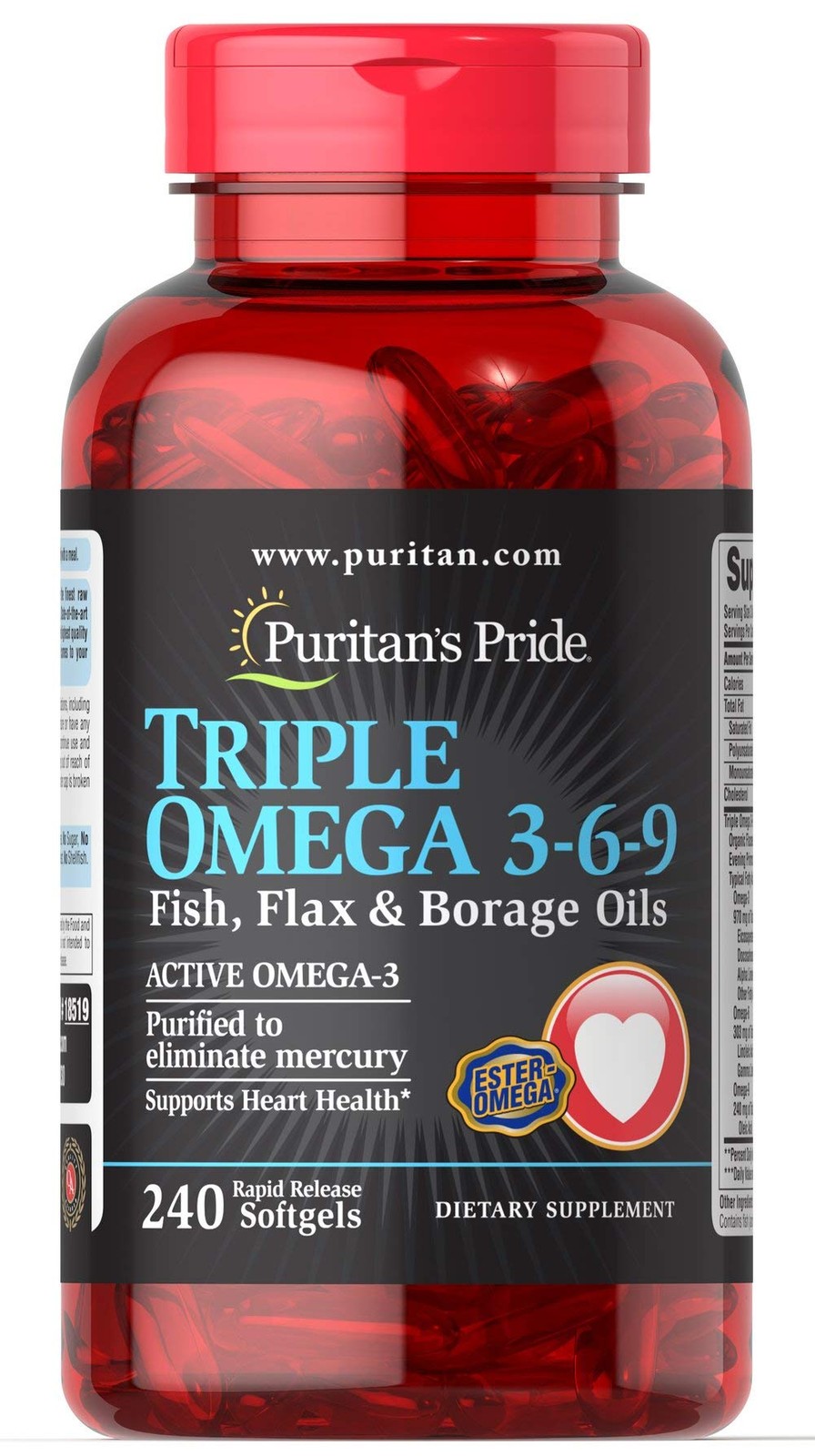 Puritans Pride Triple Omega 3 6 9 Nutritional Supplement 240 Count Gluten Free