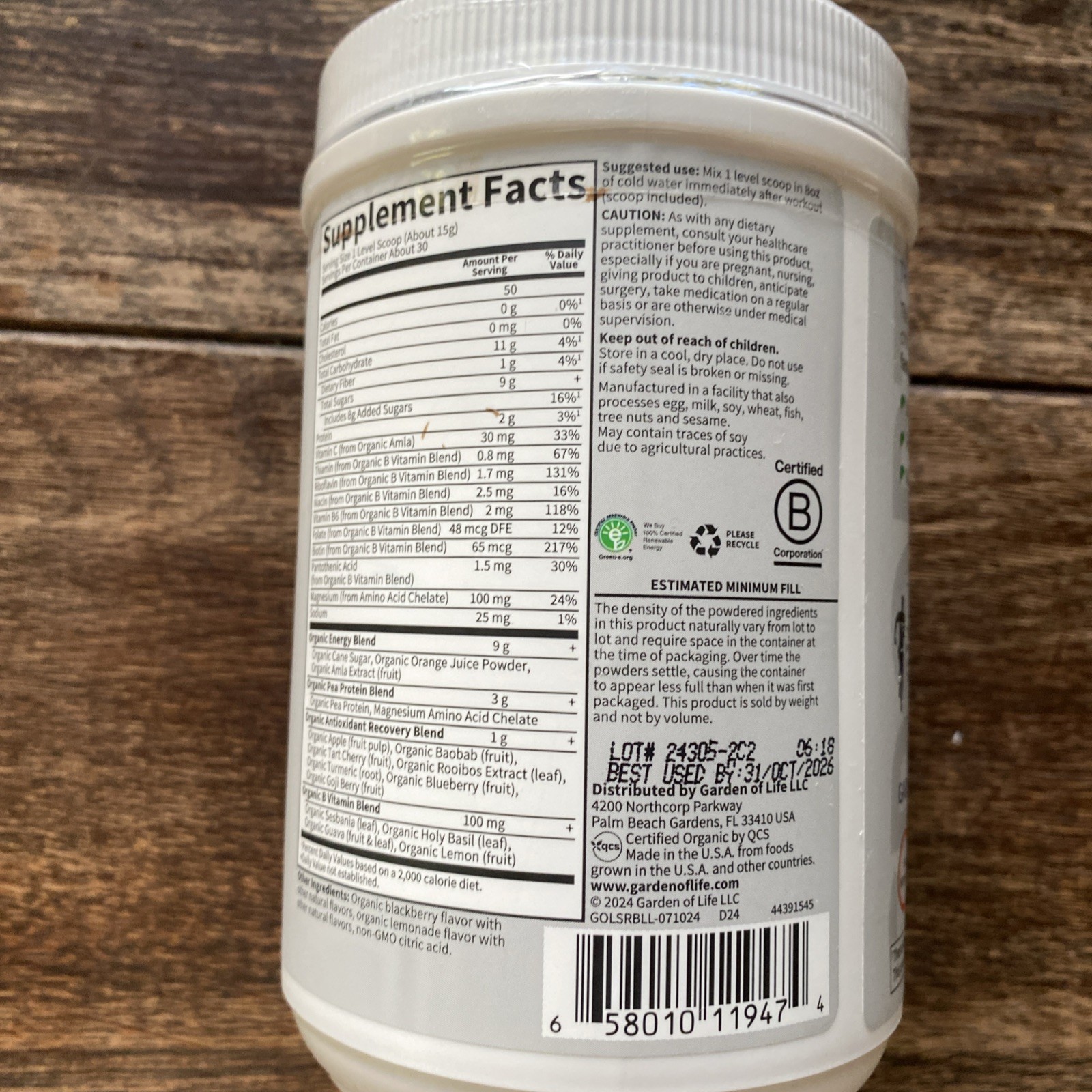 Organic Recovery Powder for Post-Workout with 100mg Magnesium 30 Servings 10/26