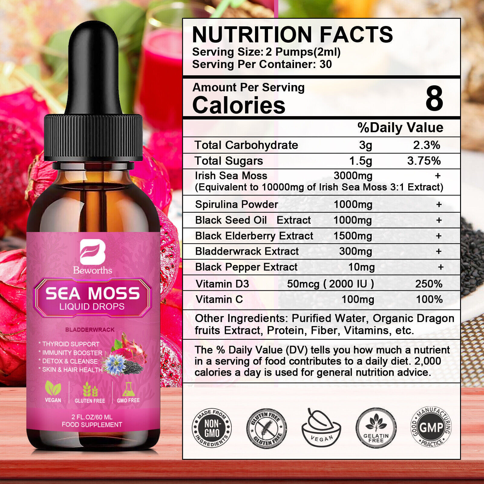 2 Bottles 60ml Sea Moss Drops with Organic Soursop Supplement Liquid Drops