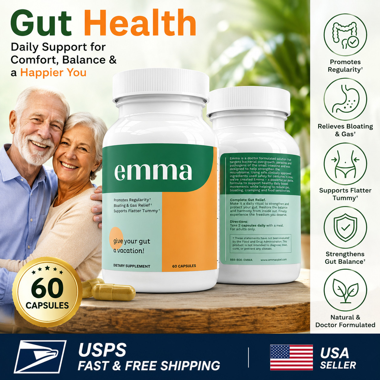 2 bottles Emma Gut Health Supplement for Gas & Bloating Relief,Leaky Gut Repair-