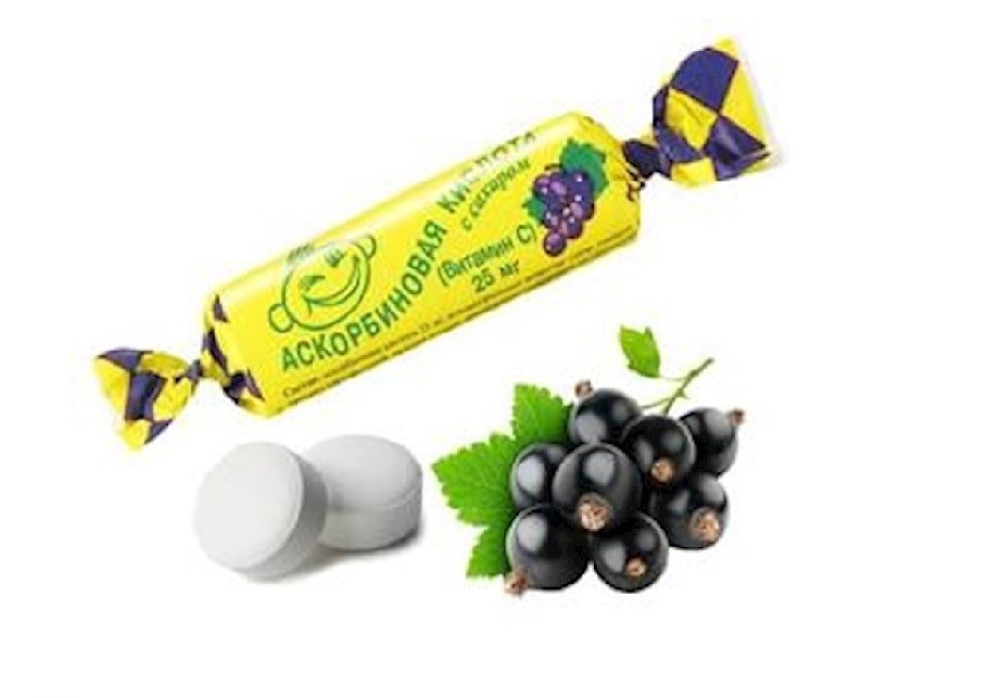 10 * 10 Tab Askorbinka Classic Vitamin C Black Currant / Russia / Аскорбинка