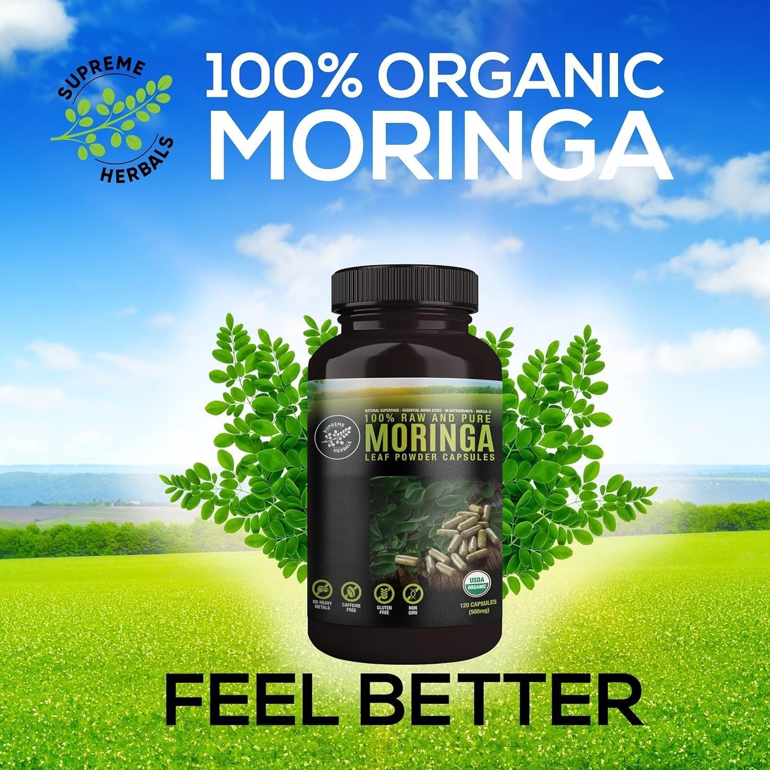 SUPREME HERBALS 100% Raw and Pure Moringa Leaf Powder Capsules. Organic Certi…