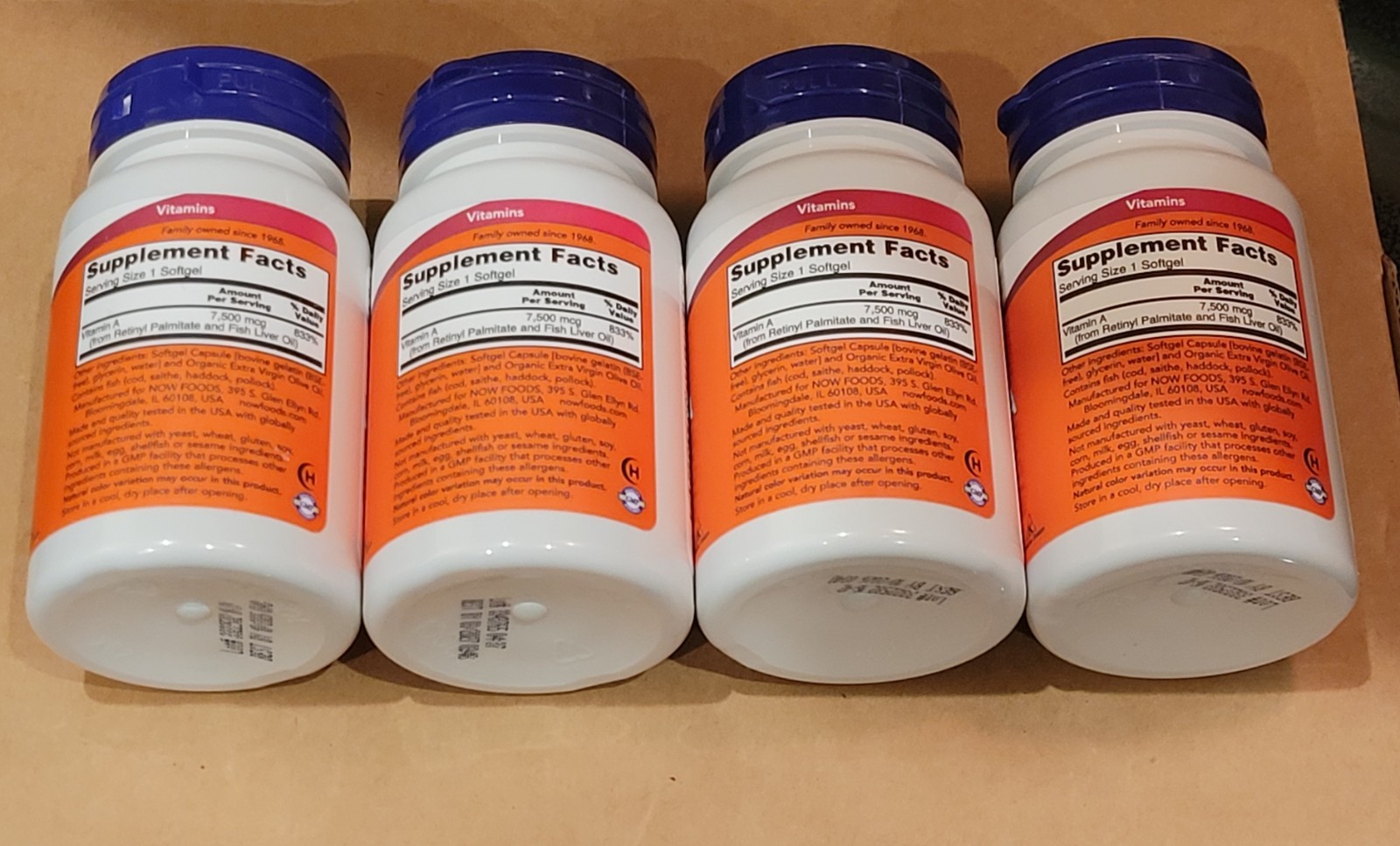 (4X) Now Foods- Vitamin A Lot- 25 000 IU- 100 Softgels Each- Exp. 10/26-