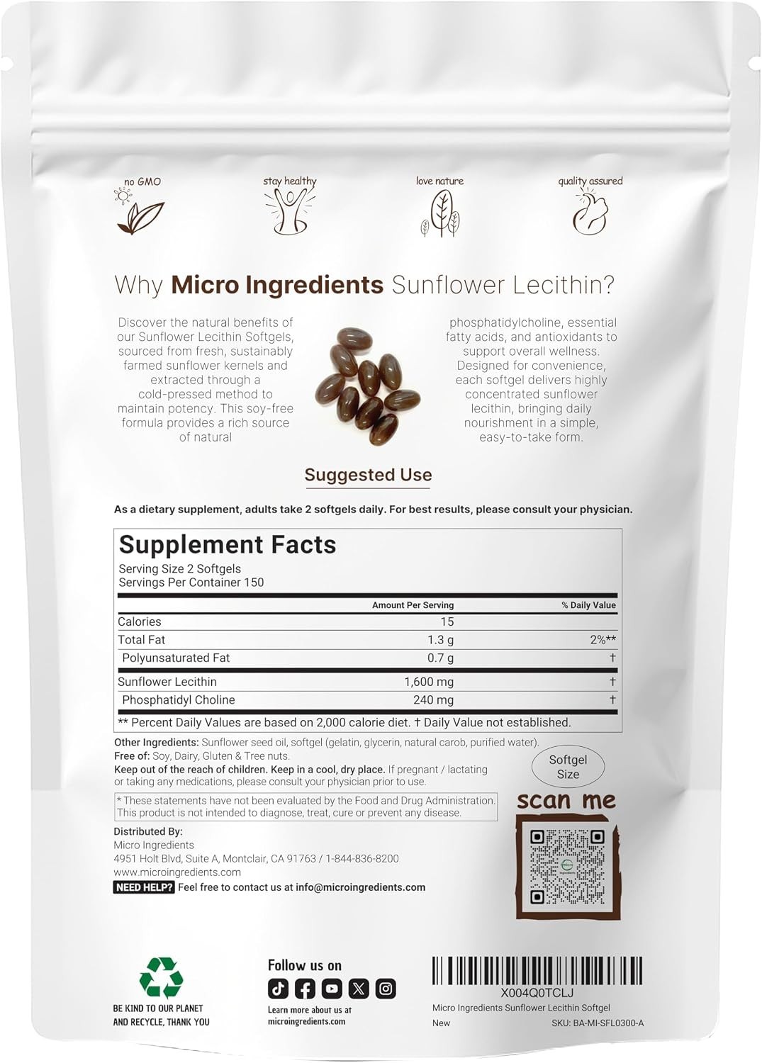 Sunflower Lecithin 1,600mg Per Serving, 300 Softgels | Sustainably Farmed Sou…
