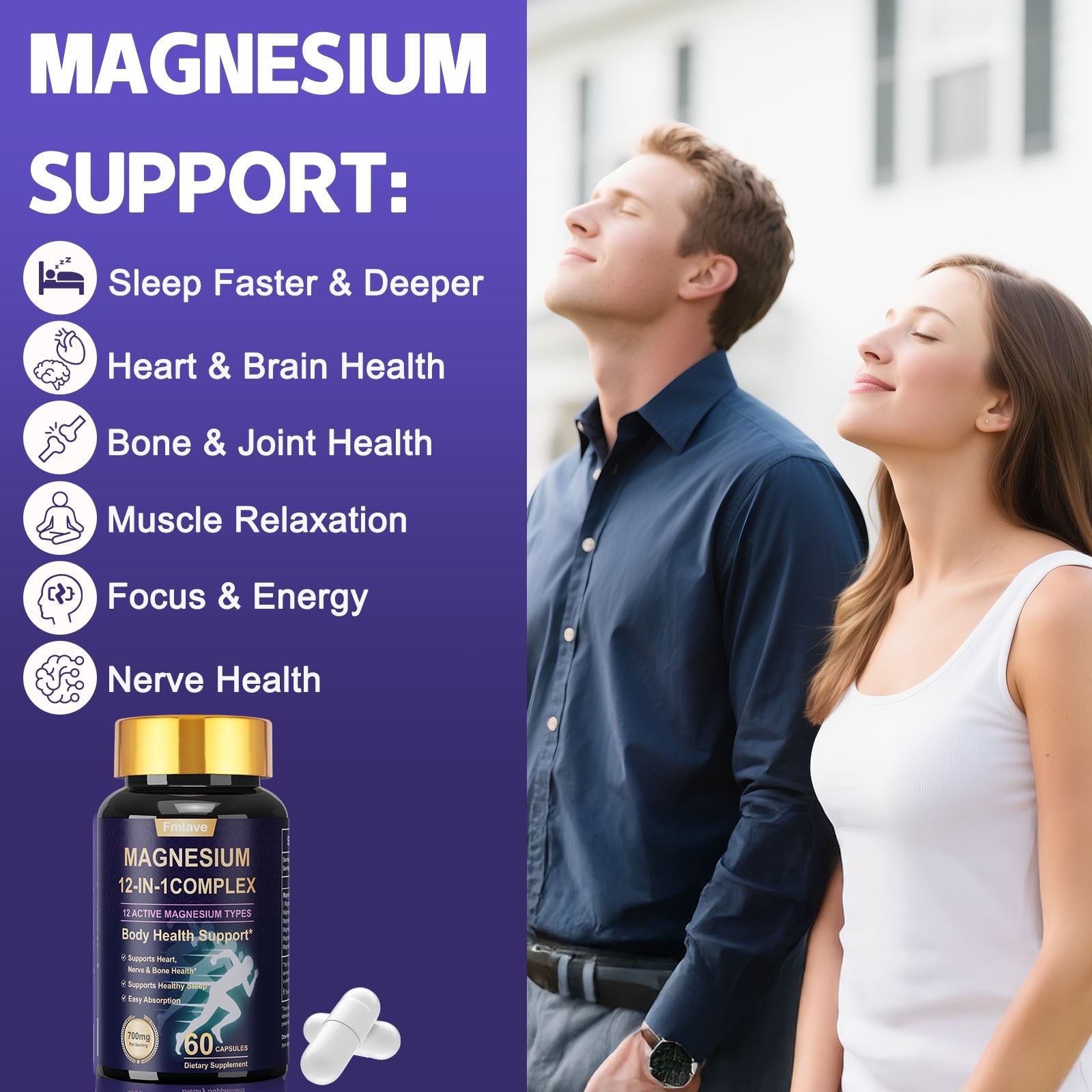12 in 1 Magnesium Complex Supplement 700mg Glycinate, Malate and Citrate 120 Cap