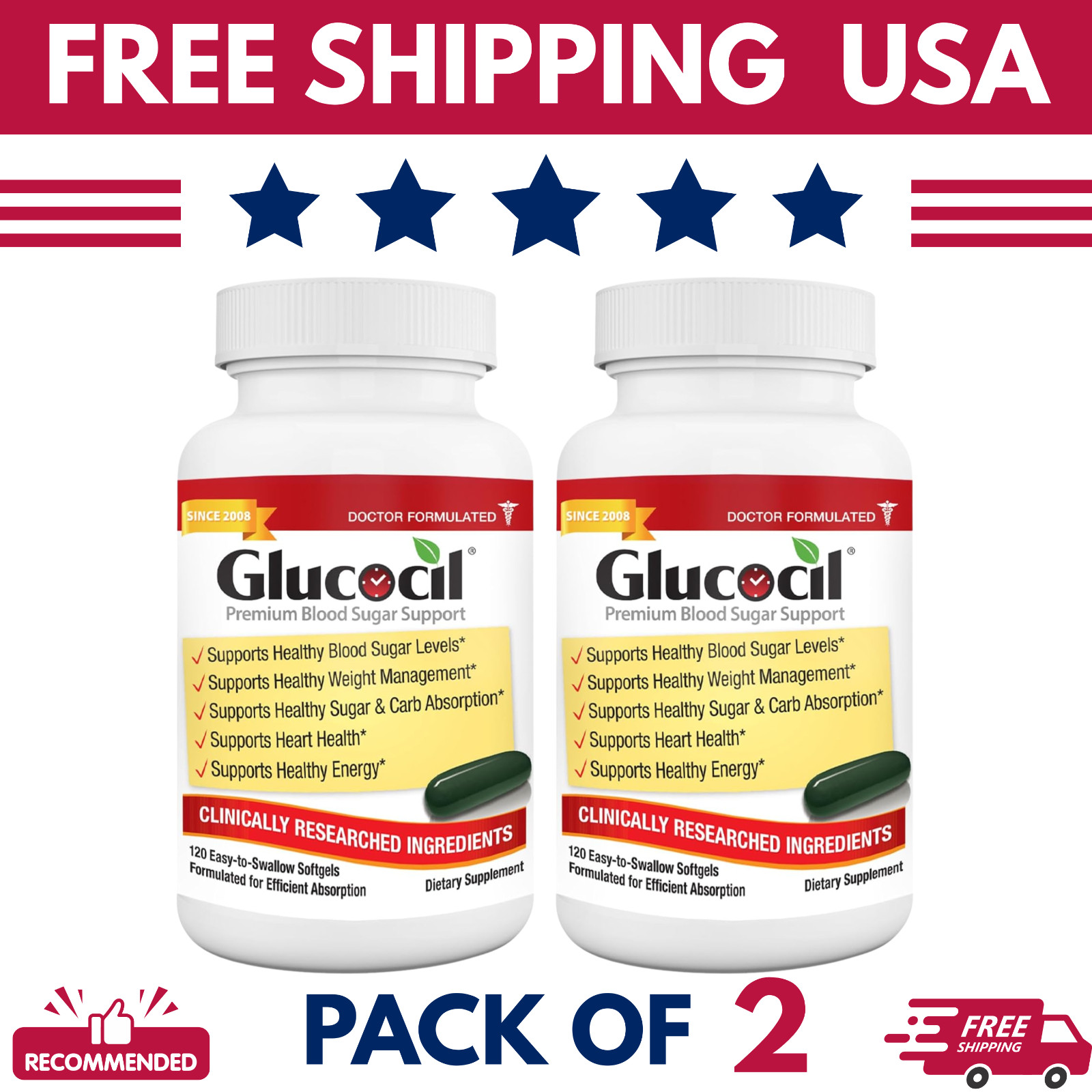 Glucocil Premium Blood Sugar Support Softgels Daily Glucose Health – 120 Ct