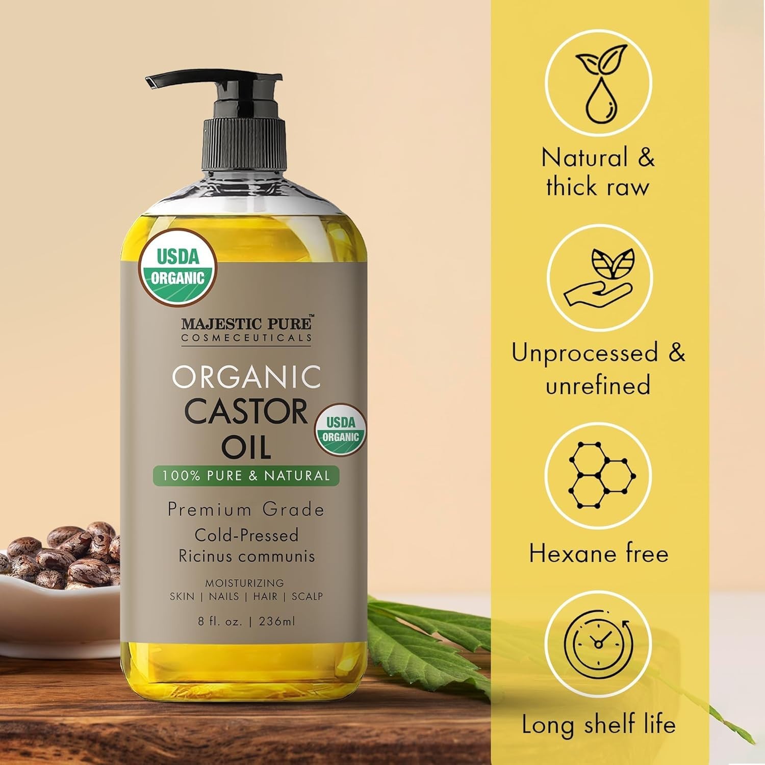USDA Organic Castor Oil – 100% Pure, Cold Pressed, 8 Fl Oz