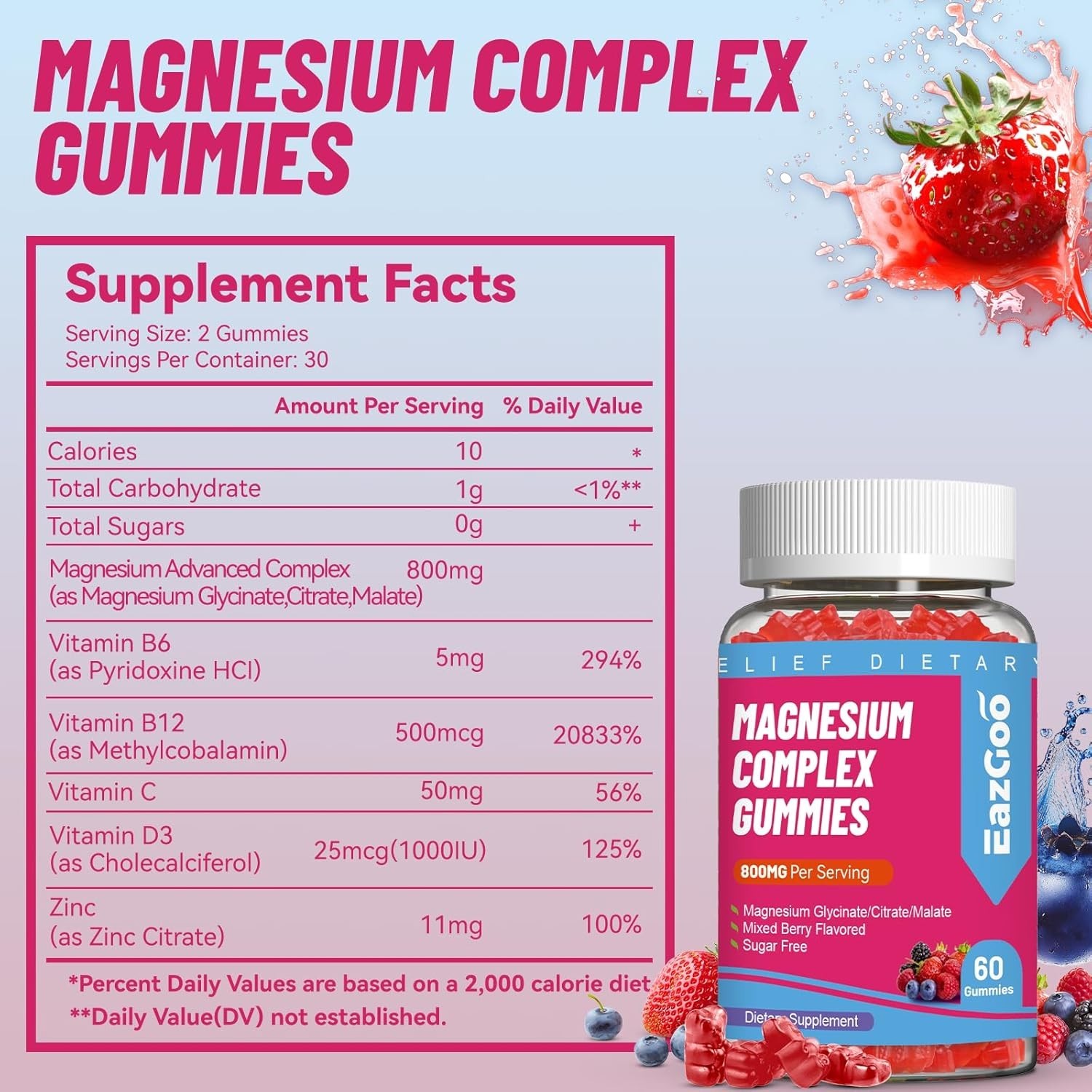 Magnesium Gummies 800mg – Vitamin D3, C, B6, B12 & Zinc Complex with Magnesium G