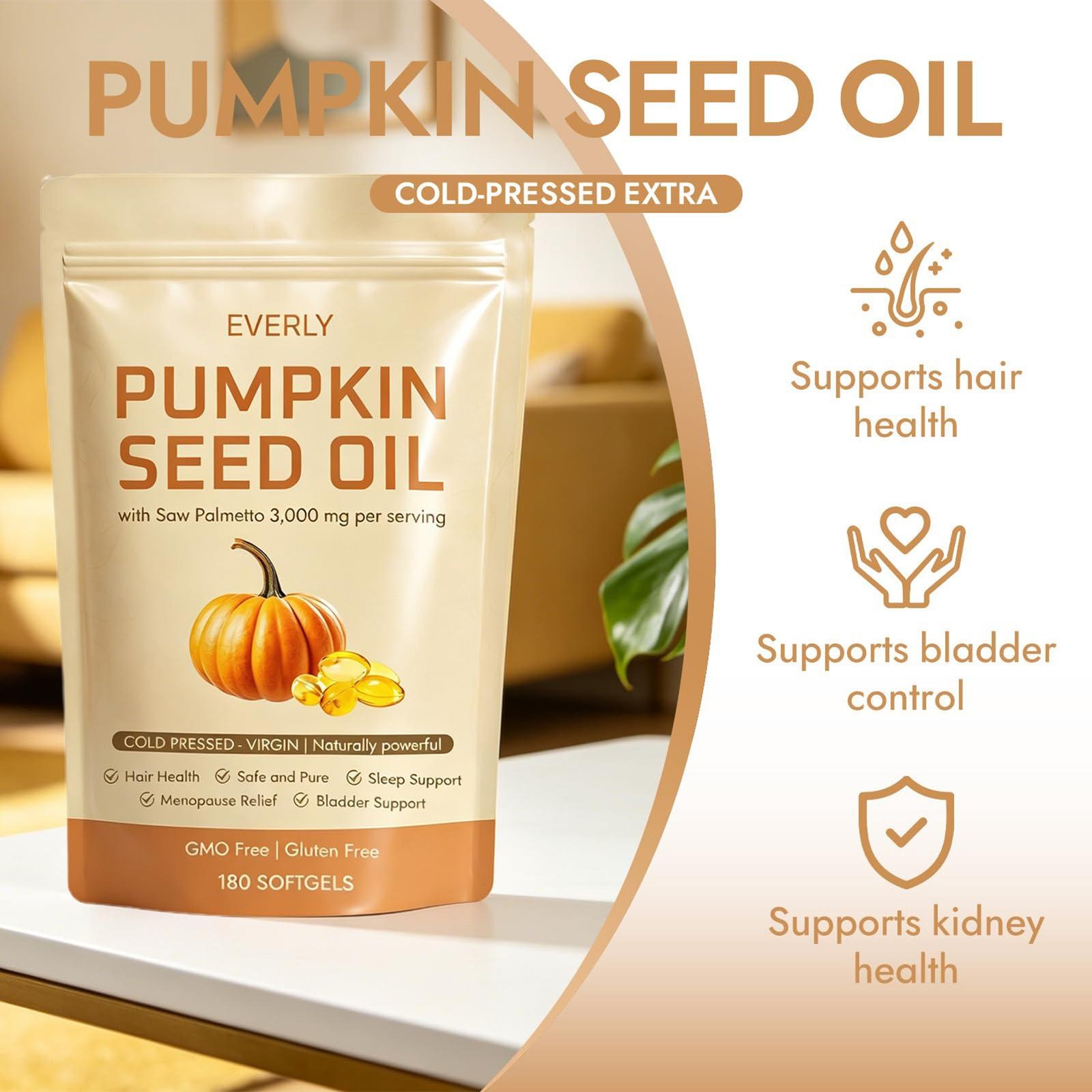 Everly Pumpkin Seed Oil 3000mg Saw Palmetto Daily Body Wellness 180 Softgels