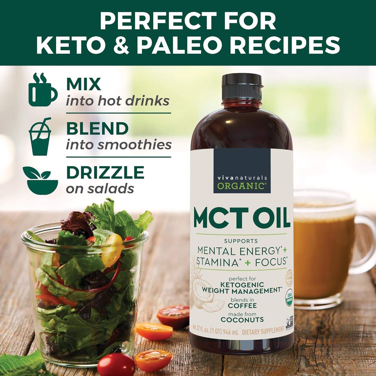 Viva Naturals Organic MCT Oil, 32 fl oz – MCT Oil for Coffee, USDA Organic