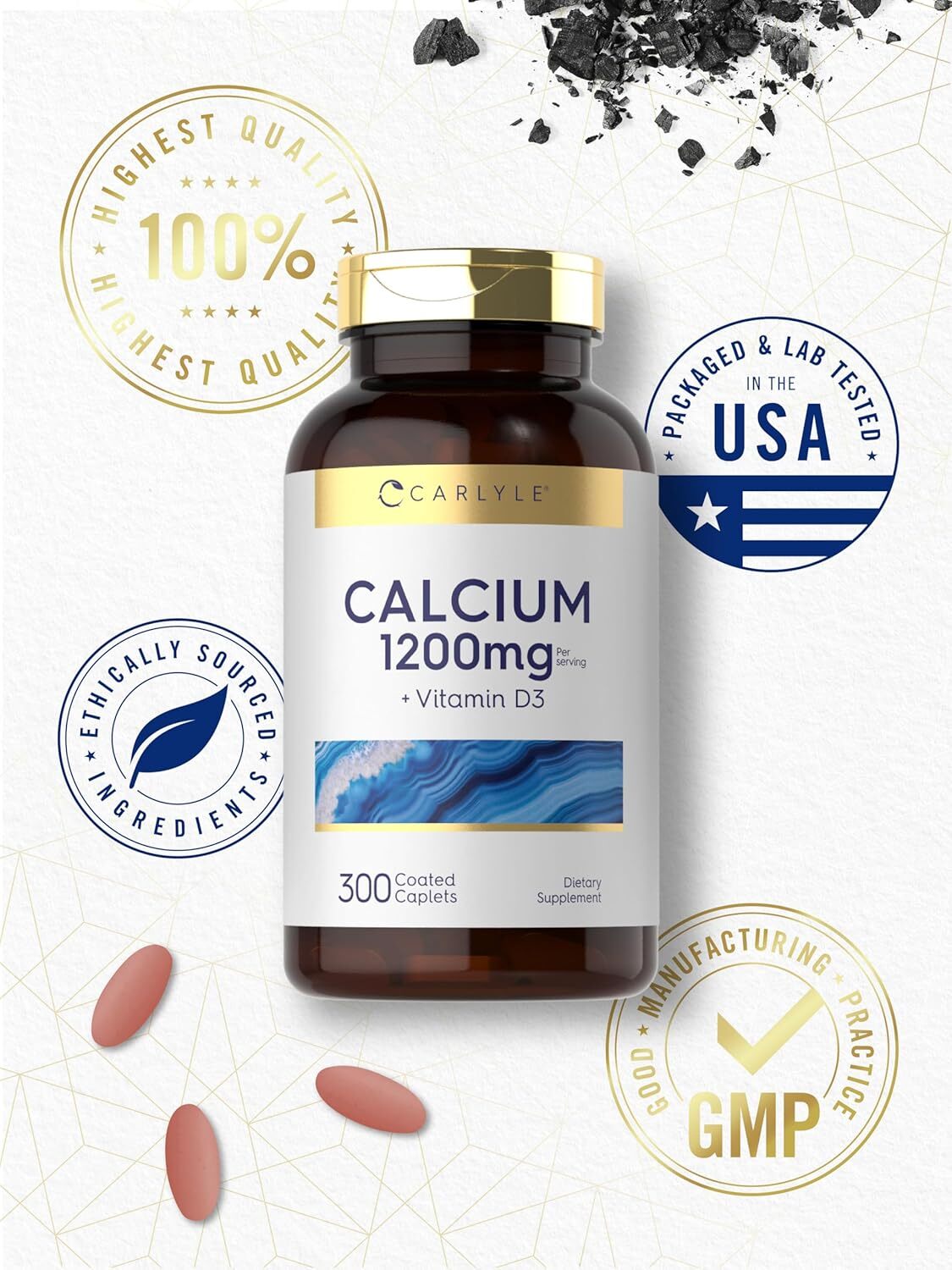 Calcium 1200mg with Vitamin D3 | 300 Tablets | Vegetarian, Non-GMO | by Carlyle