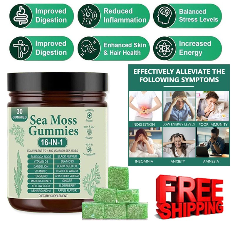 Sea Moss Gummies 16-in-1, Sea Moss Blend with Black Seed Oil-Green Apple Flavor