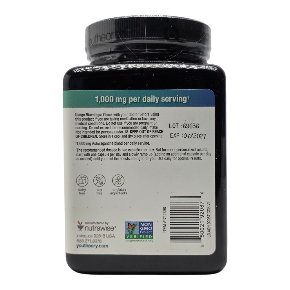 Youtheory Ashwagandha 1000 mg, 180 Vegetarian Capsules Exp: 0/27, Free Shipping