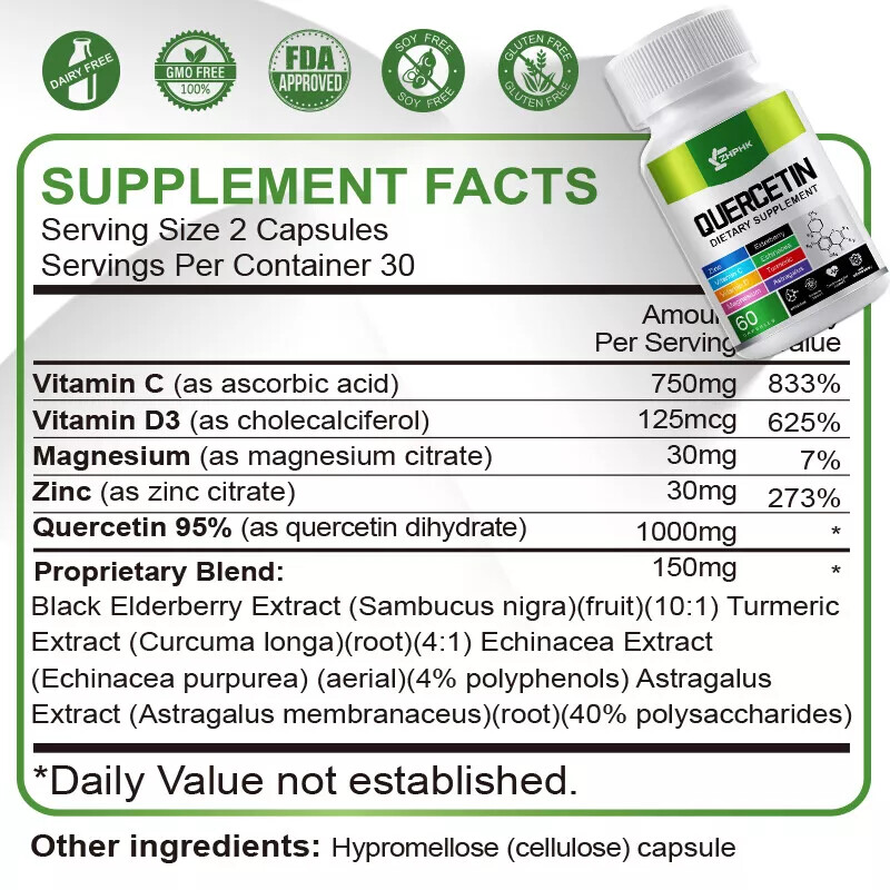 Quercetin 1000mg Vegan Capsules 95% Genuine Extract Strong 9 in 1 Supplements