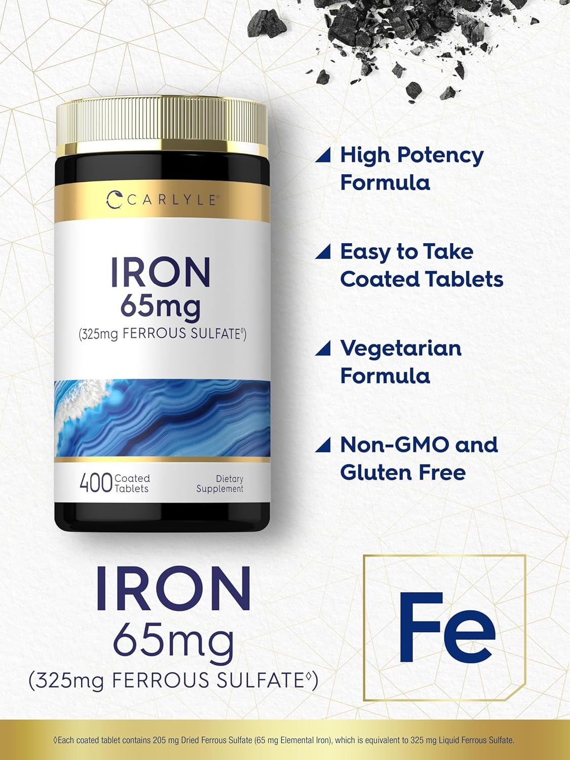 Carlyle Iron Ferrous Sulfate 325Mg, 65 Mg | 400 Tablets | Non-Gmo| High Potency