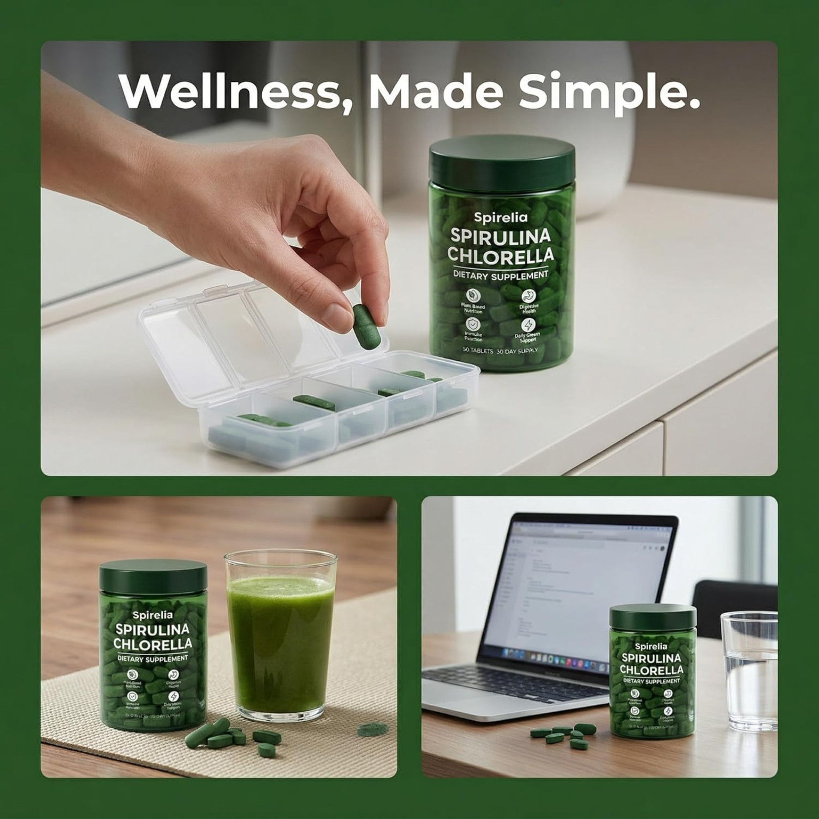Spirelia Spirulina & Chlorella Tablets Organic Superfood Supplement 60 Count