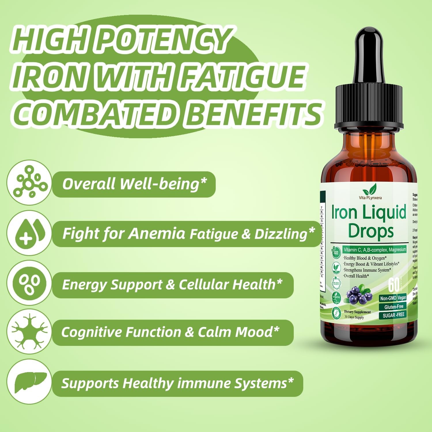 Liquid Iron Supplement for Women Men & Kids, Vegan Iron Drops with Vitamin C D,