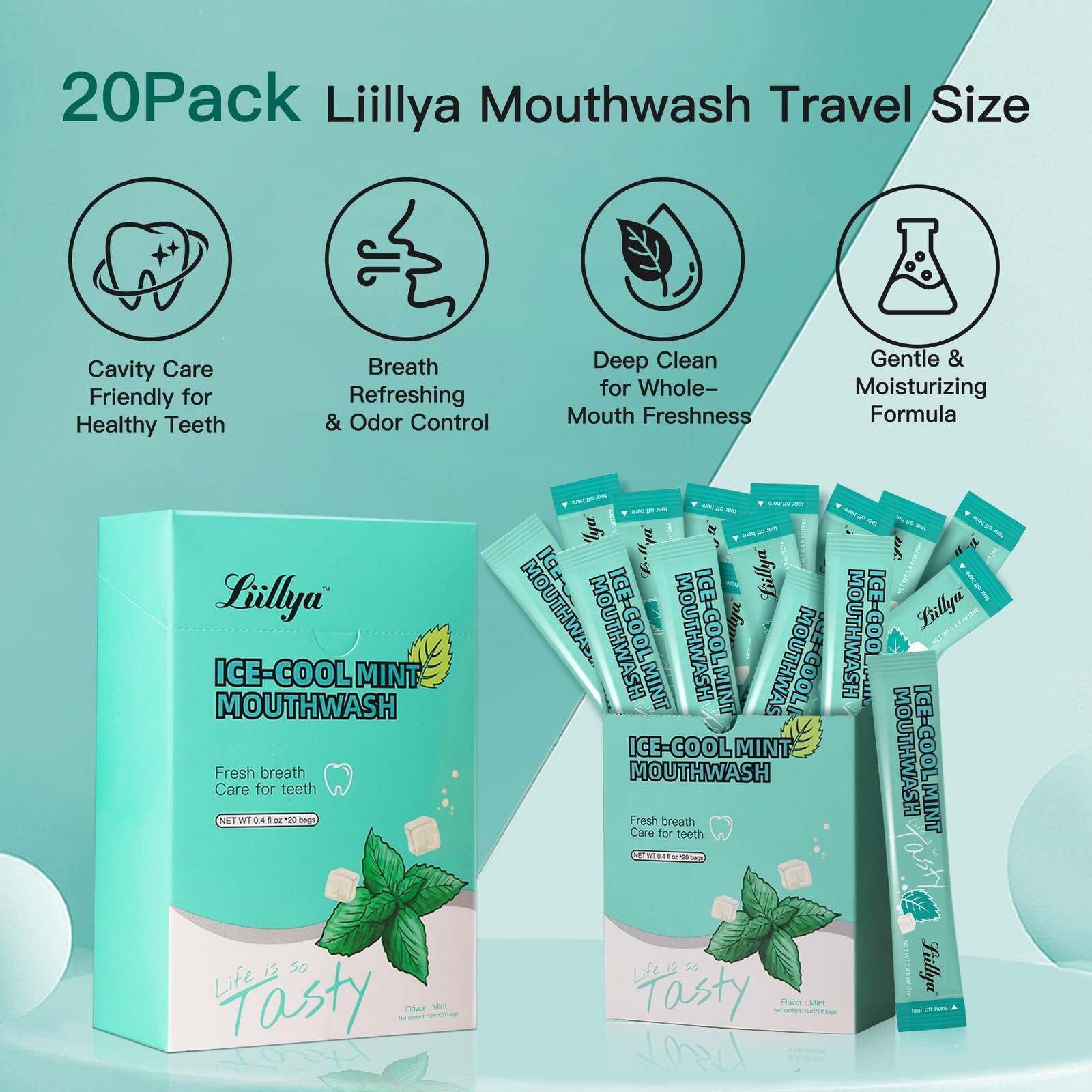 Liillya Alcohol-Free Mouthwash Packets, Single 0.4 Fl Oz (Pack of 20), Green