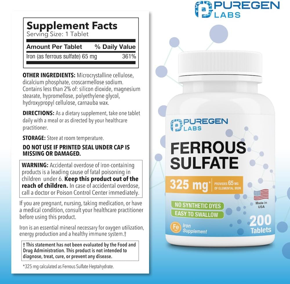 Puregen Ferrous Sulfate 325 mg 65 mg Elemental Iron High Potency Iron 200 Tabs