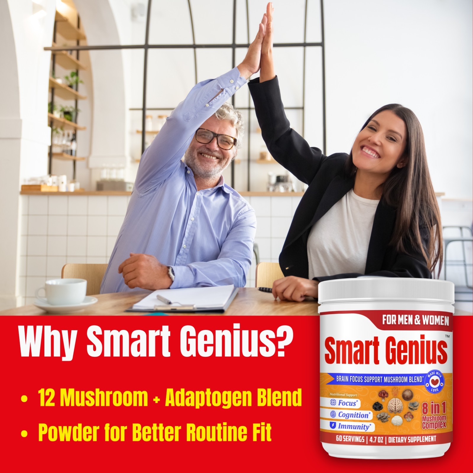 Mushroom Powder Blend for Focus Memory Cognitive Support Brain Formula 60Serving