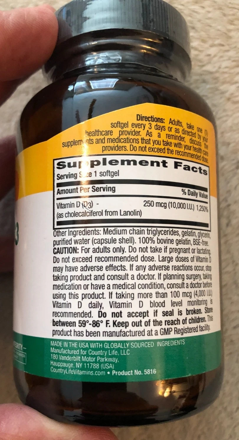 Country Life Vitamin D3 5 000 IU 200 Softgels Gluten-Free Exp. 08/26
