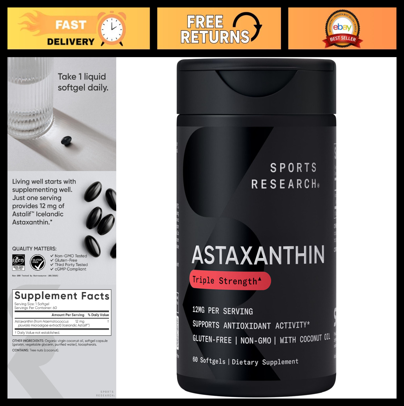 Icelandic Astaxanthin 12mg with Coconut Oil, 60 Softgels – Triple Strength Antio
