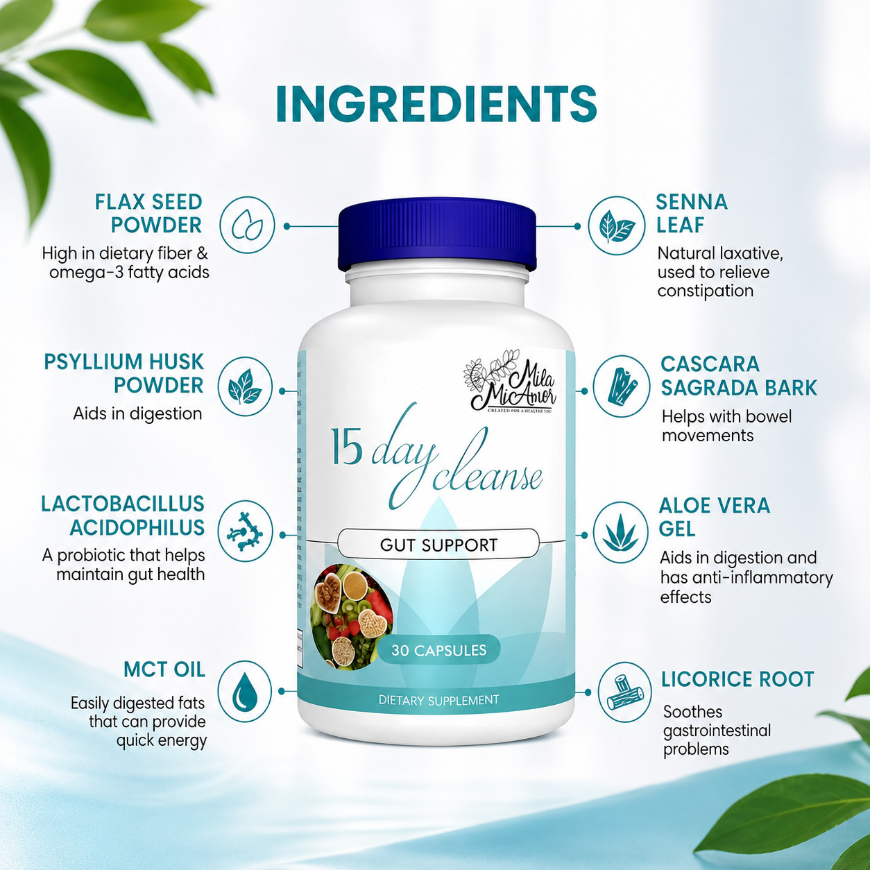 Mila McAnner 15 Day Gut Colon Cleanse Capsules Senna Psyllium Probiotics Detox