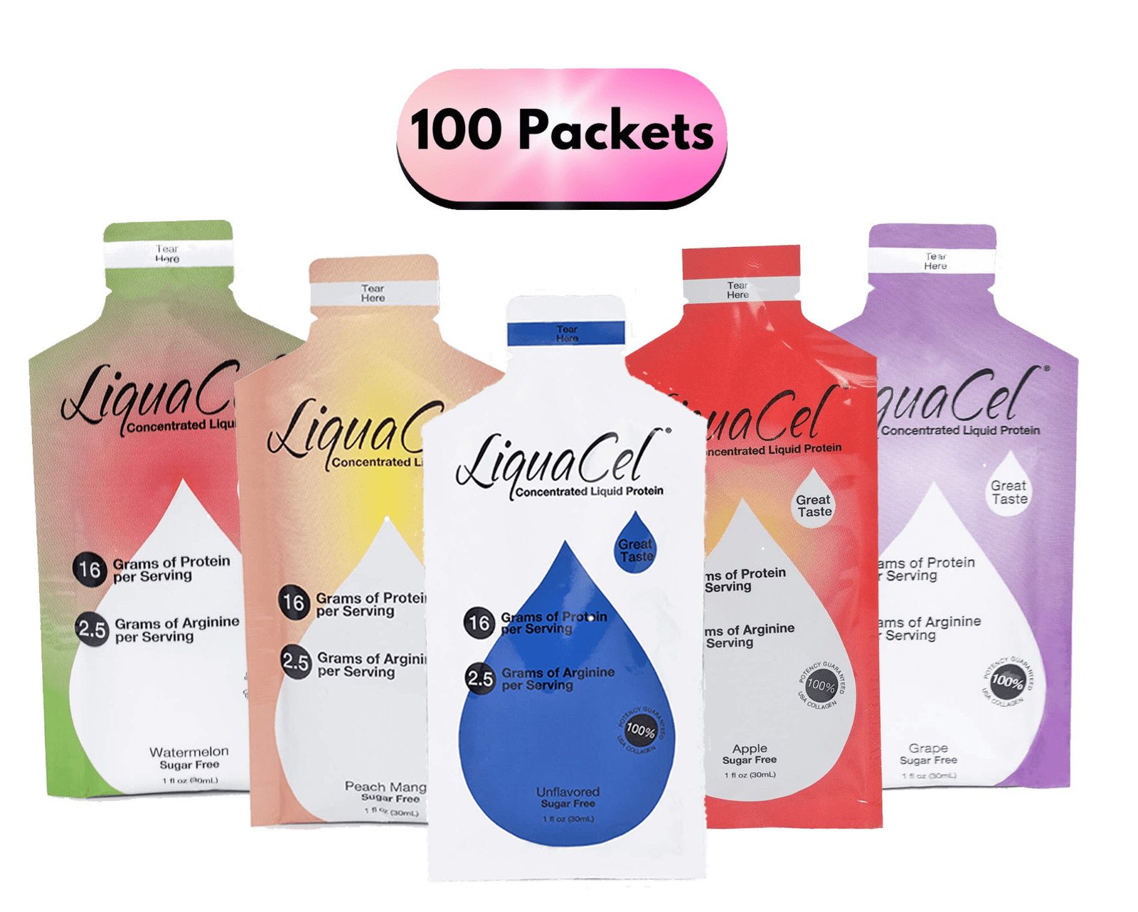 LiquaCel | Variety Pack | 1 Case | 100 Packets | 20 of Each Flavor