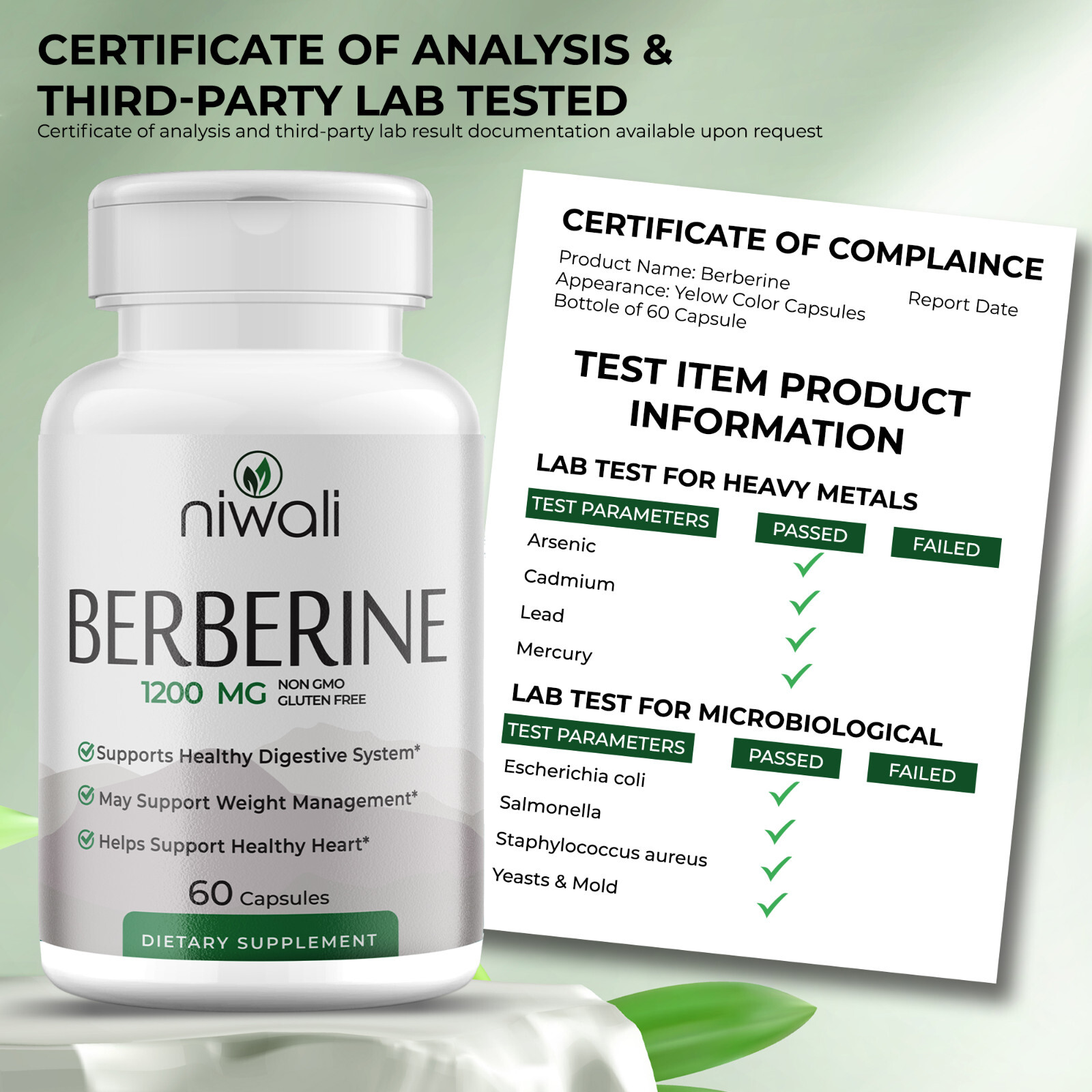 Niwali Berberine Supplement – Potent 1200mg Per Serving | Berberine HCI pack 2